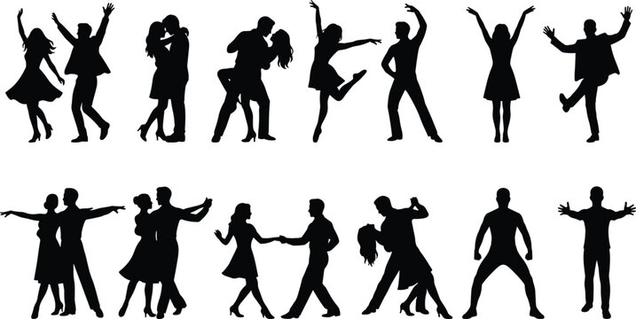 Silhouetted dancers in expressive poses showcasing ballroom, swing, and freestyle movements