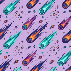 A seamless pattern featuring colorful comets in deep outer space © Jones