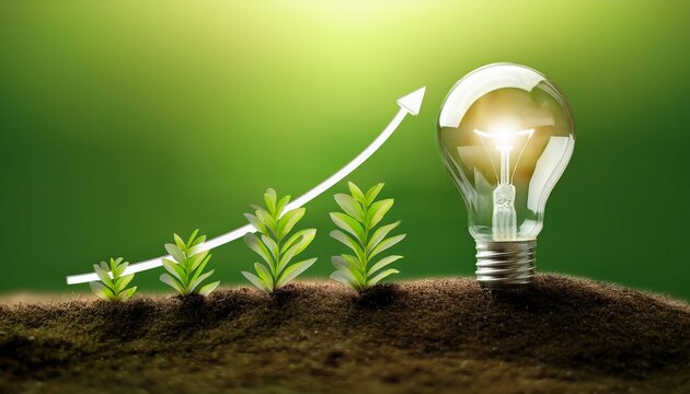 growth and progress with a rising graph plant life and illuminated bulb against a green background