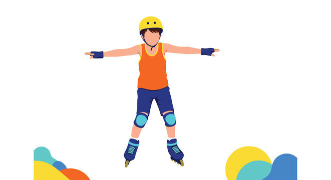 Energetic young boy wearing safety gear including a helmet and pads while practicing roller skating against a white background.