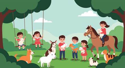 Obraz premium Group of happy children playing with various animals including dogs, goats, lambs, and a girl riding a horse in a park.