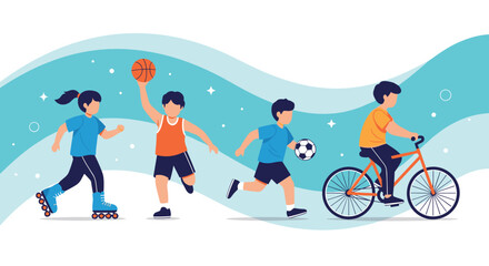 Fototapeta premium Group of kids engaged in different physical activities including roller skating, basketball, soccer, and riding a bicycle.