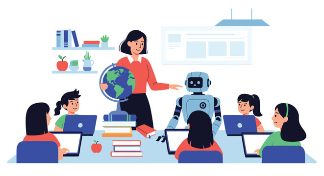 Modern classroom setting with a female teacher, diverse students using laptops, and a robot to represent future of education.