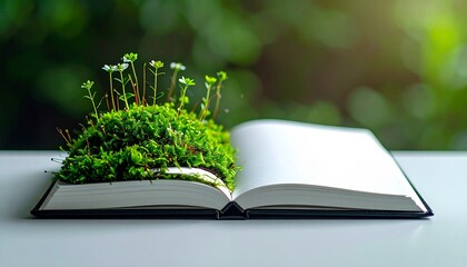 Obraz premium 白いノートから芽吹く小さな苔と野生の花のクリエイティブ背景