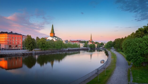 cityscape of turku finland at dawn and the calm aurajoki river in the city downtown