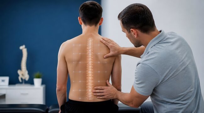 Chiropractic, patient and doctor with spine hologram for medical diagnosis, health and rehabilitation. Physiotherapist, man and consultation with anatomy, skeletal system and wellness treatment.
