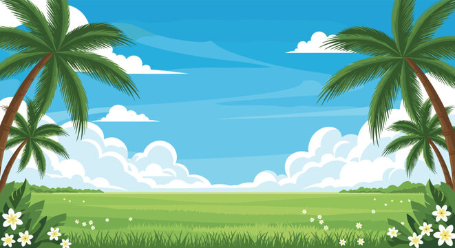 Beautiful tropical landscape featuring palm trees, white clouds in a blue sky, and a lush green field with white flowers.
