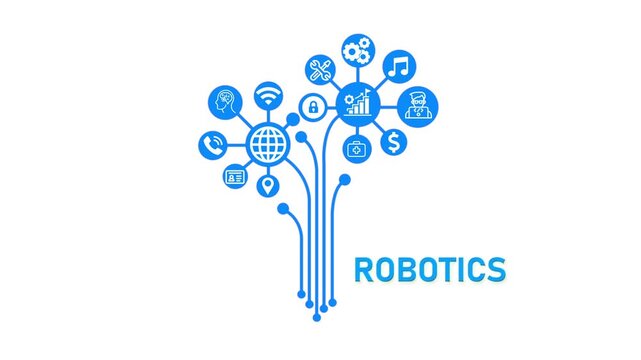 Robotics Branding Concept, Futuristic Digital Network with Business and Technology Icons.