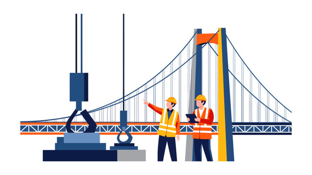 Bridge Construction Site: Two engineers in high-visibility vests stand on a construction site, overseeing the building of a large suspension bridge with a crane in the foreground.