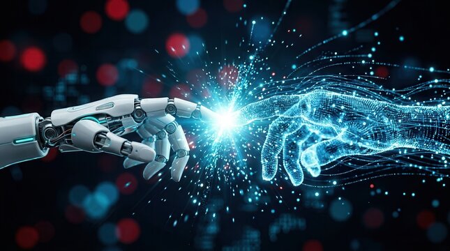 Digital collaboration concept showing robotic hands and human touch through glowing light.