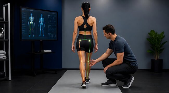 Physiotherapy, gait analysis and sports science with woman for posture check, biomechanics and injury prevention. Trainer, movement and health technology with orthopedic assessment and body tracking