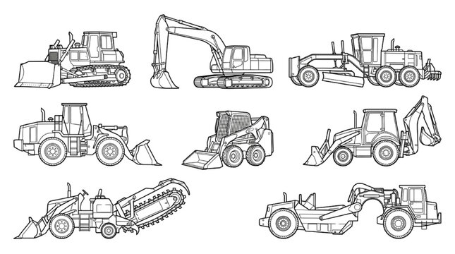 Heavy Construction Machinery Line Drawing Set with Bulldozer Excavator Grader Loader Backhoe and Skid Steer
