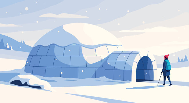 Person wearing winter gear and carrying a walking stick approaching a large ice igloo in a vast snowy landscape under a cloudy grey winter sky.