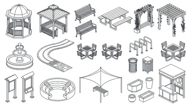 Isometric Outdoor Park and Public Space Furniture Line Drawing Set with Gazebo Pergola Bench Fountain and Shade Sail

