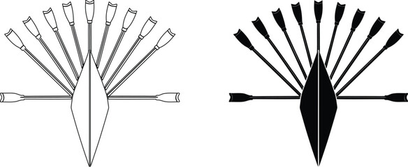 Rowing boat with many oars fanned out in outline and silhouette, team rowing. © Sukumar