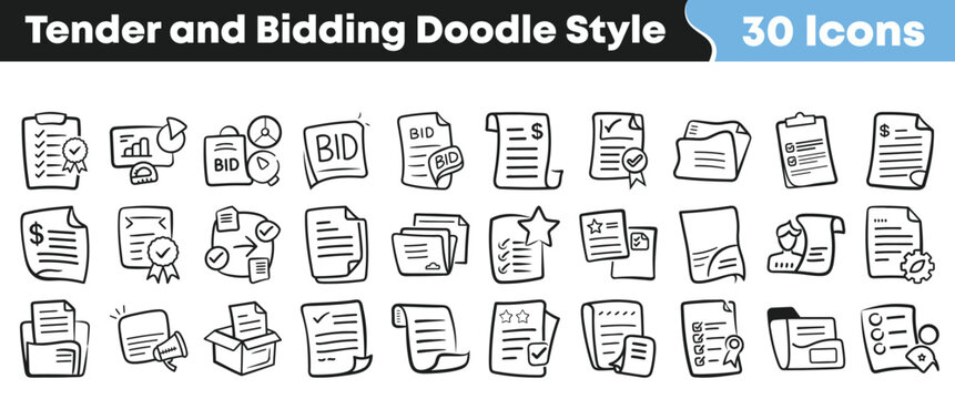Set of thirty hand drawn tender and bidding doodle icons