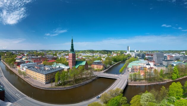 aerial panorama of turku city center cathedral of turku and aura river in spring in finland