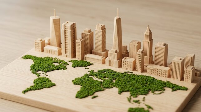 Responsible growth and sustainability practices represented by a wooden cityscape and global map.