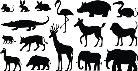 Fototapeta premium Detailed black silhouette collection of diverse wild animals including mammals and reptiles set