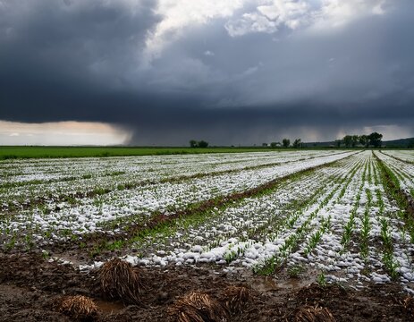 field covered in hail after storm row crops damaged by hail overcast skies and heavy rain falling on field damaged farm crop