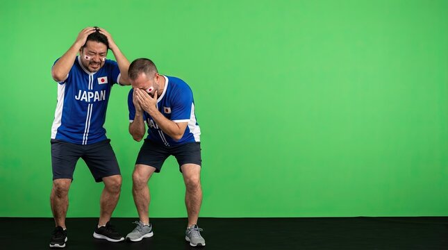 Two disappointed male soccer fans in Japan jerseys groan with heads in hands.