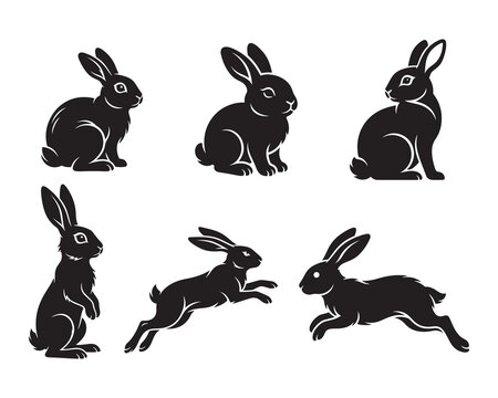 Collection of black rabbit silhouettes in multiple poses with silhouette