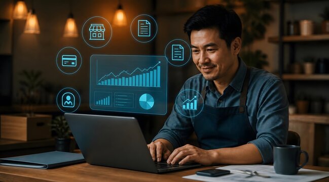 Entrepreneur, man and laptop with business analytics at night for e-commerce, small business growth and digital marketing. Shop owner, data and tech with charts, sales and finance for profit growth.