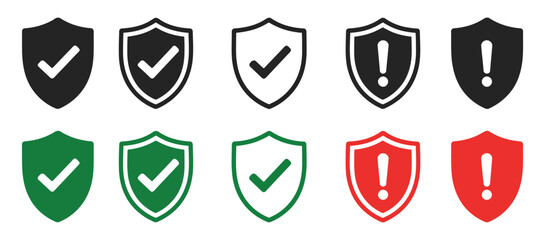 Security shield icons, validation check and warning alert symbols, professional cybersecurity protection graphics for authentication © Ayat0002