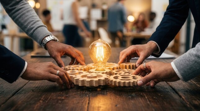Team members working together with gears and a lightbulb to solve challenges under pressure.