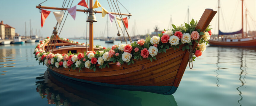 Decorated fishing boat for Fiesta de la Virgen del Carmen. Catholic maritime tradition and seafarer festival for blogs, websites, postcards, stationery design, travel guides, and cultural awareness