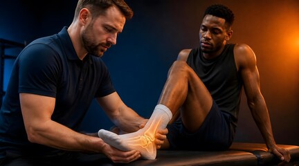Obraz premium Physiotherapy, sports injury and medical examination of ankle with x-ray overlay for diagnosis, therapy and bone health. Athlete, doctor and rehabilitation in clinic with orthopedic support and care