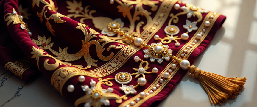 Mantle embroidery detail for Fiesta de la Virgen del Carmen. Catholic vestment and virgin mary statue decoration for blogs, websites, postcards, stationery design, and religious heritage awareness