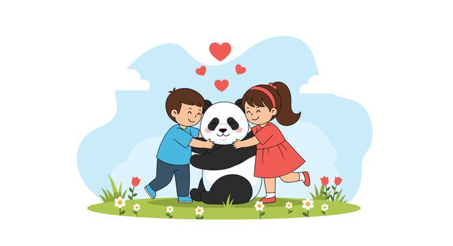 Two cute children showing love and affection by hugging a big friendly panda bear in a beautiful flower field under a blue sky.
