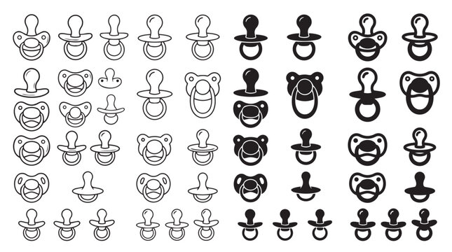 Set of baby pacifier vector icons in various styles and designs with pacifier collection parenting