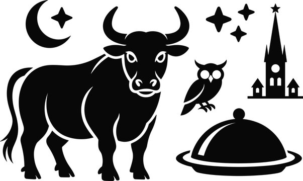 Symbolic silhouette illustrations featuring bull, owl, crescent moon, stars, church steeple, and serving dish