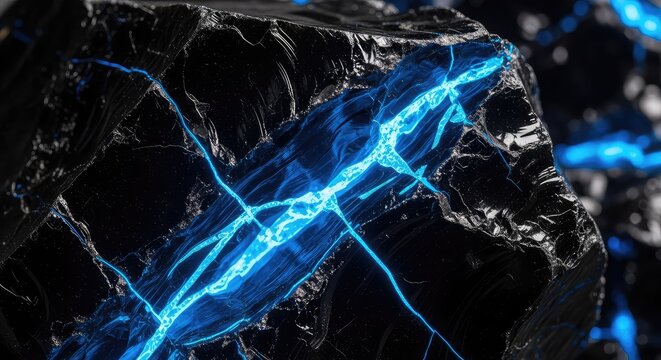 High-contrast texture of cracked black obsidian rocks featuring luminous neon blue energy glowing intensely from deep within the jagged gaps, geometric, black, futuristic
