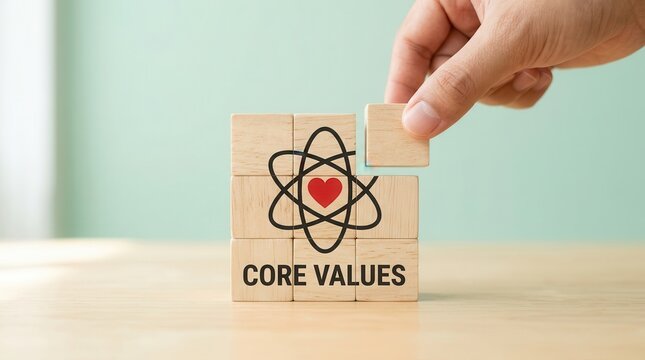A hand placing a wooden block to complete the core values icon for business growth.