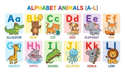 Obraz premium Alphabet Animals Educational Vector Cards for Kids Learning