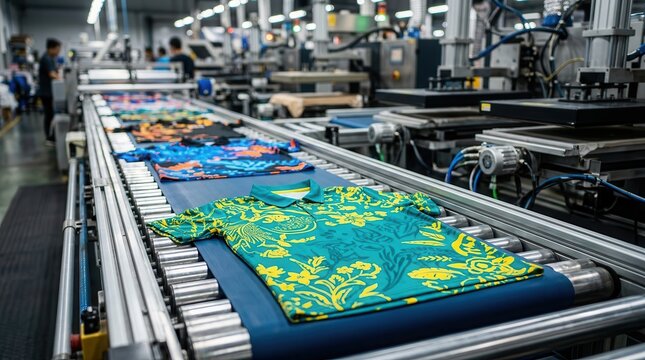 Sublimation and DTS printing process showing colorful printed shirts on an industrial conveyor belt.
