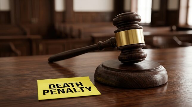 Capital punishment concept featuring a legal gavel and death penalty note on a wooden table.