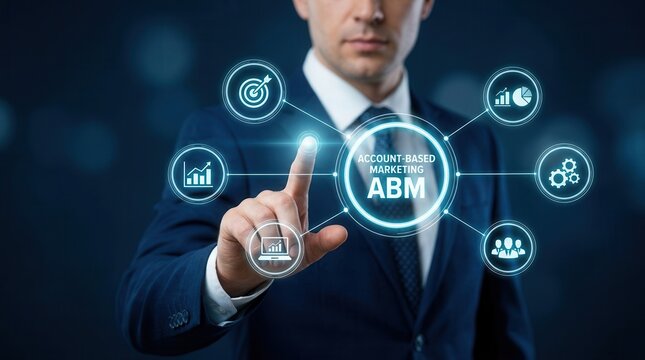 Account-based marketing ABM concept shown on a virtual touchscreen with business web marketing technology.