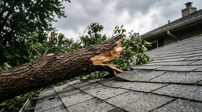 Roof damage from a fallen tree limb requiring inspection and repair.