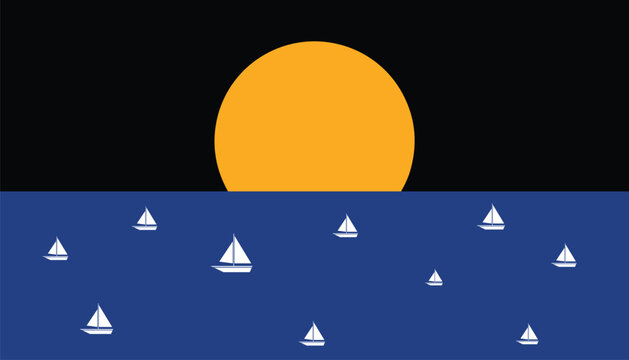 Stylized nautical scene sun setting over ocean with sailboats
