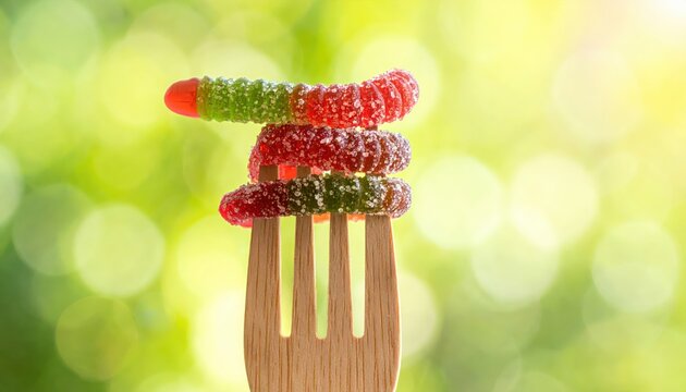 Artfully stacked sour apple gummy worms impaled on a wooden fork, bathed in natural sunlight outdoors