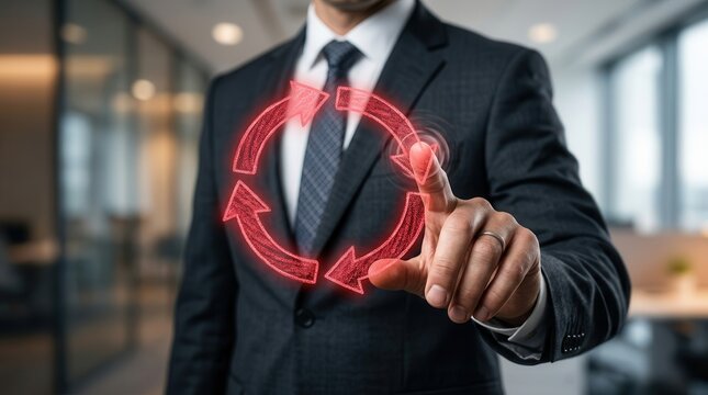 A professional hand touching red arrow symbols representing process alignment and transition leadership.