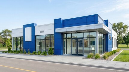 Obraz premium Modern dental clinic building featuring large windows, clean lines, and a professional appearance.