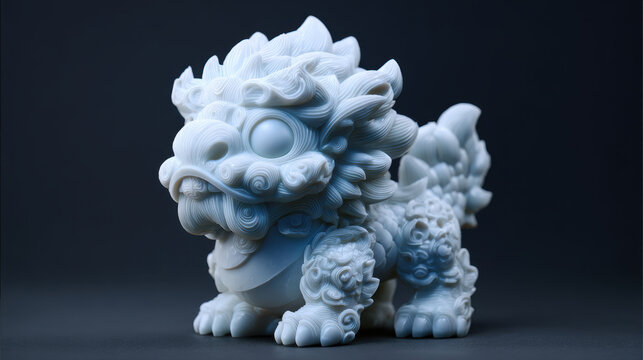 White chinese guardian lion figurine oriental foo dog statuette mythical creature sculpture miniature imperial protector art object isolated on dark background for home decor feng shui talisman