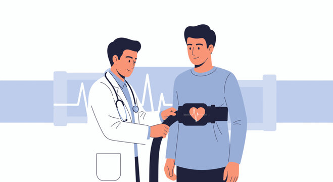 Doctor attaching Holter monitor to patient for heart health check and EKG monitoring, vector illustration