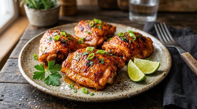 Delicious air-fried chicken thighs seasoned with paprika and garnished with lime and herbs.