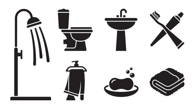 Bathroom essentials and personal hygiene vector icon set with bathroom toothbrush toothpaste